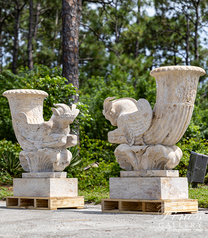 Marble Planters  - Mythical Ram Planter Pair In Classic Light Travertine - MP-343